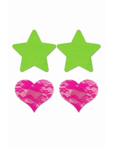 Set caches-tétons étoile vert fluo et coeur rose fluo