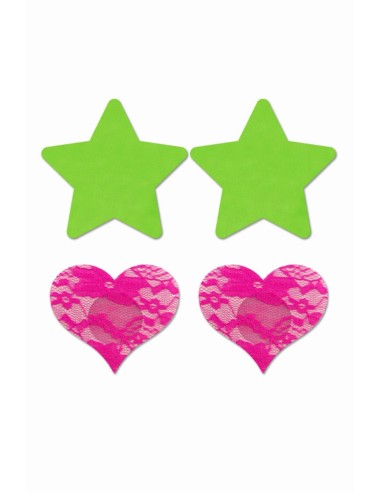 Set caches-tétons étoile vert fluo et coeur rose fluo