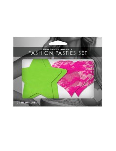 Set caches-tétons étoile vert fluo et coeur rose fluo 2
