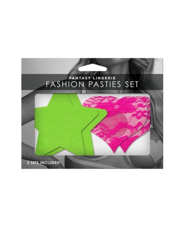 Set caches-tétons étoile vert fluo et coeur rose fluo
