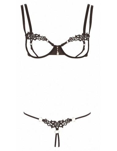 Ensemble dentelle string ouvert et seins nus noir - Cottelli Lingerie