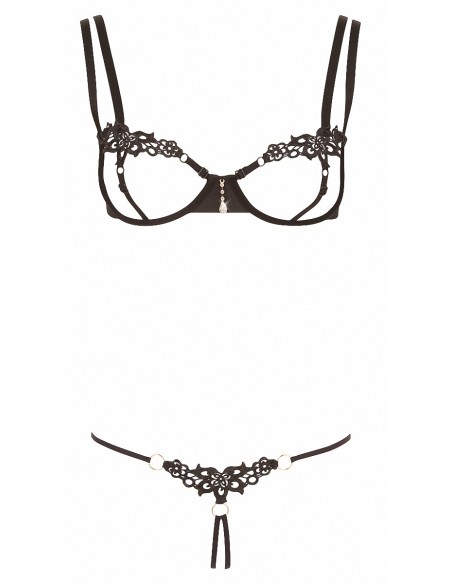 Ensemble dentelle string ouvert et seins nus noir - Cottelli Lingerie
